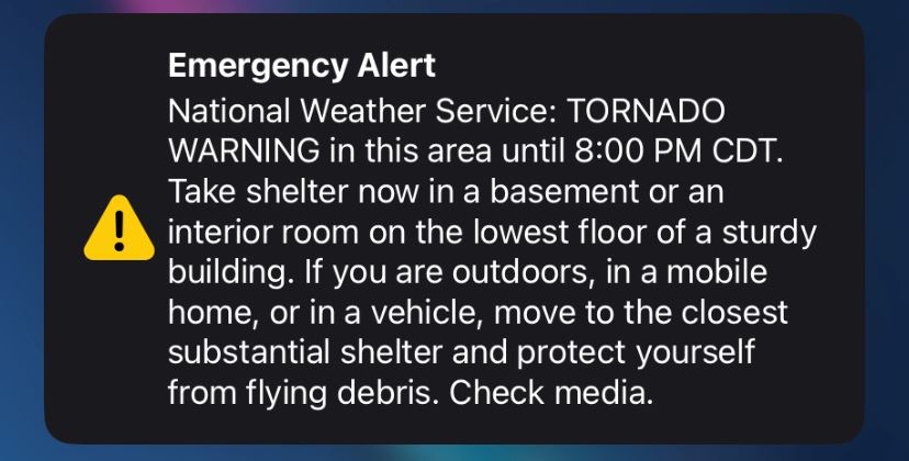 Tornado Warning Alert Message from NWS