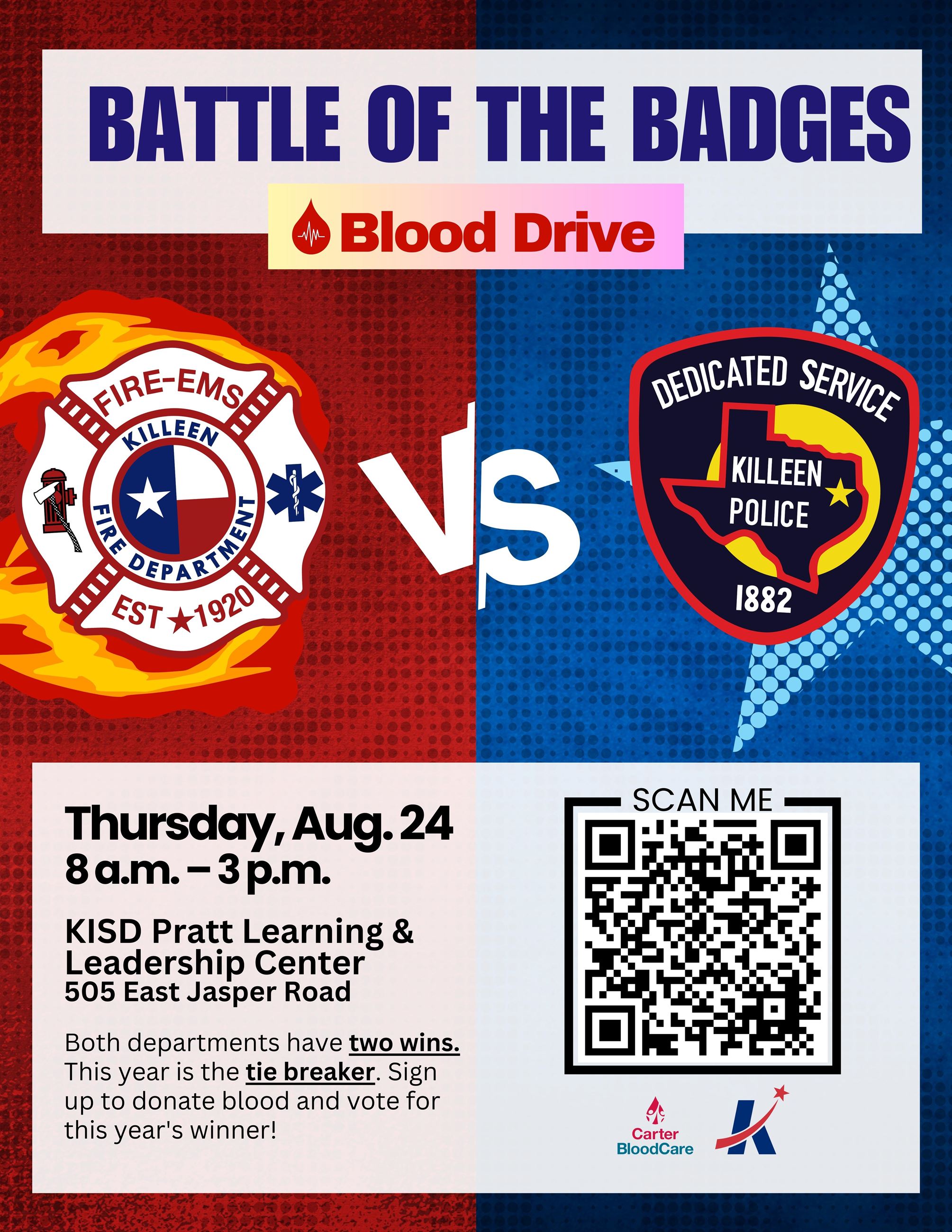 Flyer: Battle of the Badges Blood Drive, Thursday, Aug 24 8 am - 3 pm