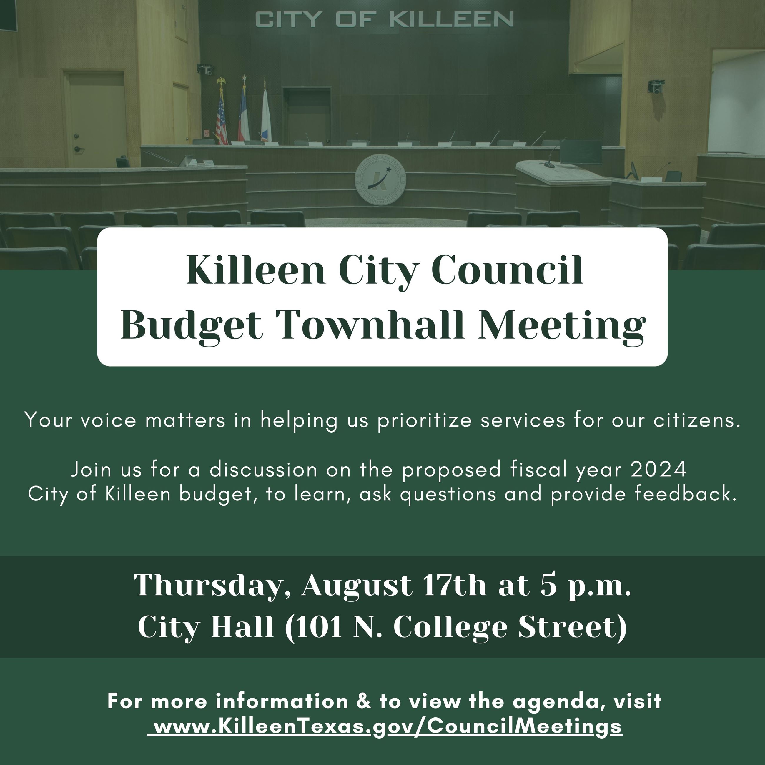 Flyer: Killeen Budget Townhall Meeting.  Your voice matters in helping us prioritize services 