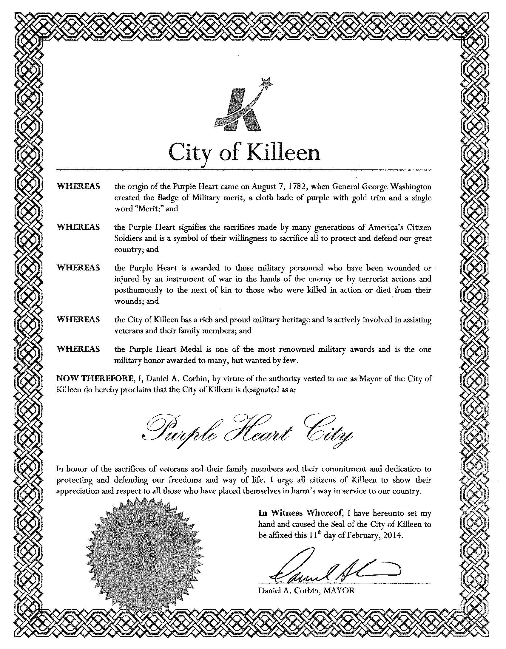 Purple Heart City original proclamation